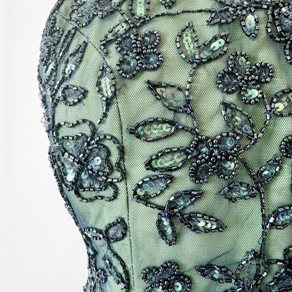 Vintage Y2K 90s Green Floral Halter Beaded Mesh Bodycon Maxi Prom Dress Size S - Picture 9 of 14
